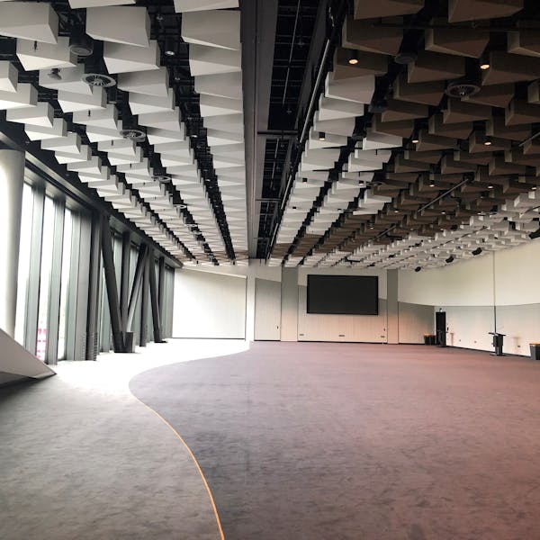 A spacious conference room features a sleek, dark carpet and an innovative ceiling design with triangular panels. Large windows allow natural light, setting an inviting context for Te Pae events.